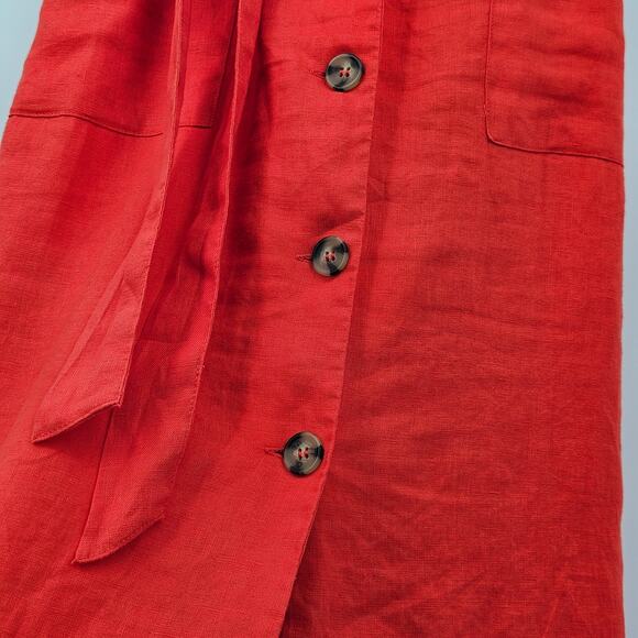 Mango 100% Linen Shirtie Dress in Red Size 2 Button Down Front Belted - Picture 8 of 15